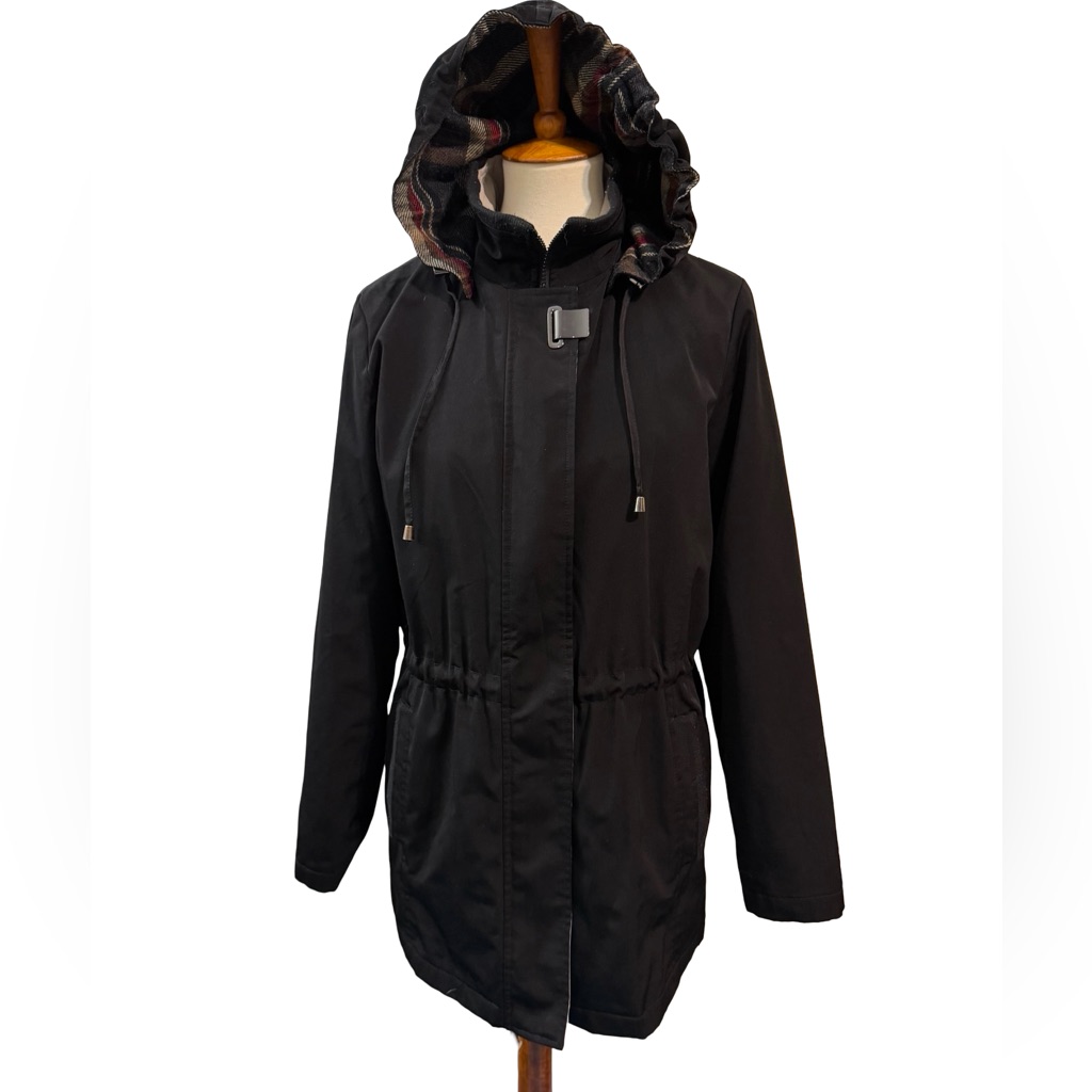 Nautica Women’s Jacket Small Black Plaid Removable Hood Lining Drawstring Waist